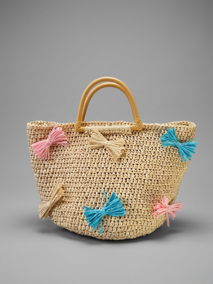 Handmade Natural Raffia Tote Pastel Bows