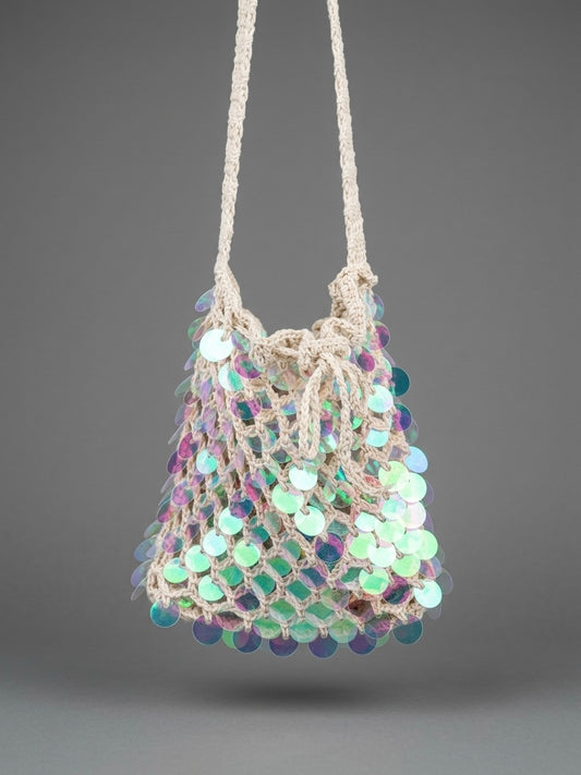 Beige Sequin Bucket Bag with Pocket