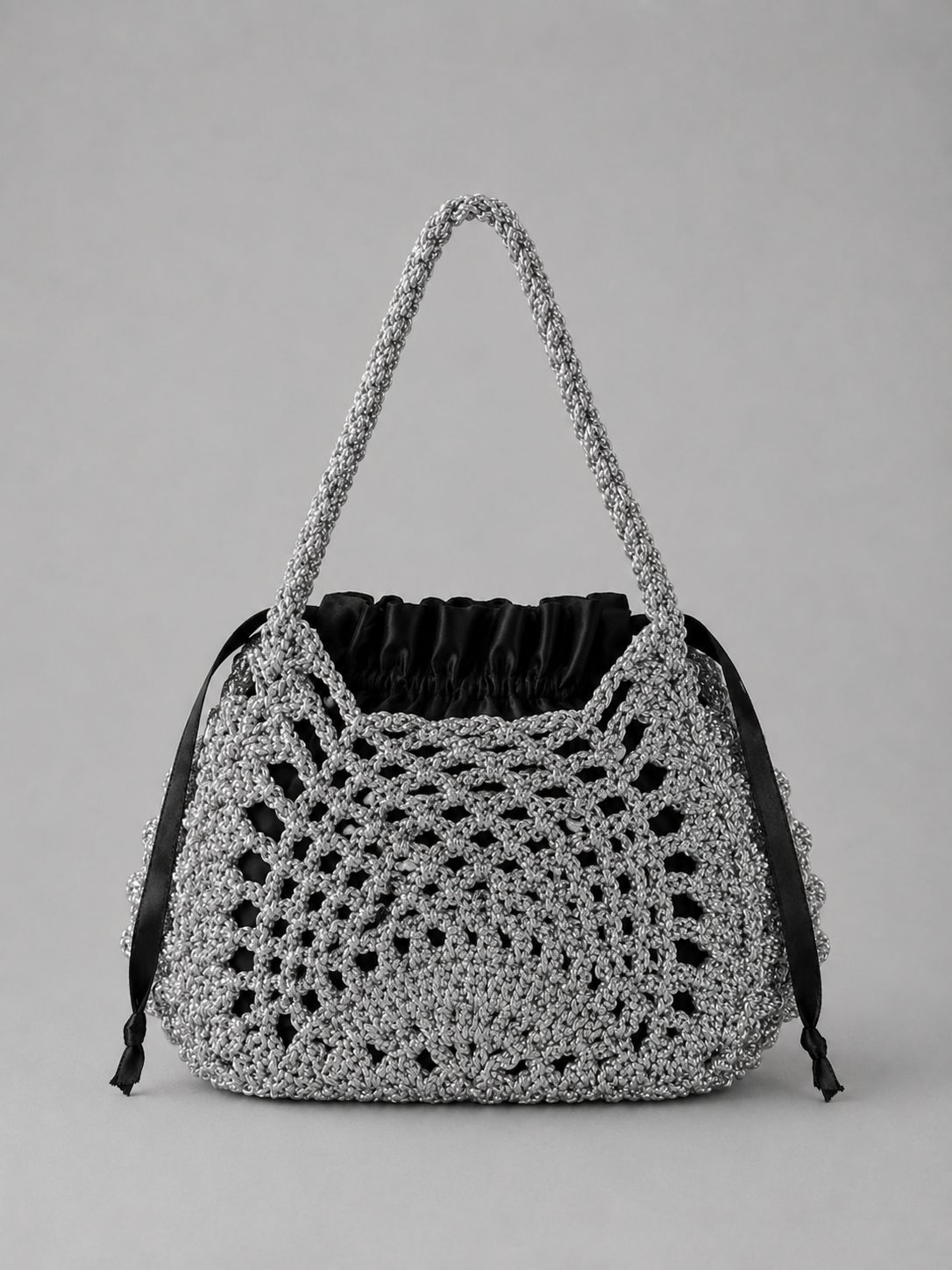 Handmade Silver Metallic Bag Black Satin Lining