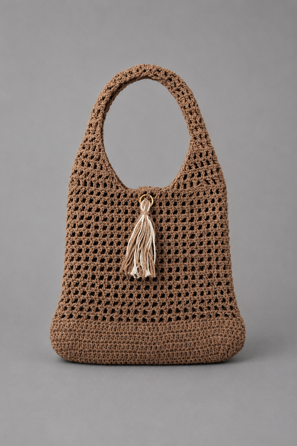 Handmade Brown Mesh Hobo Bag with Tassel