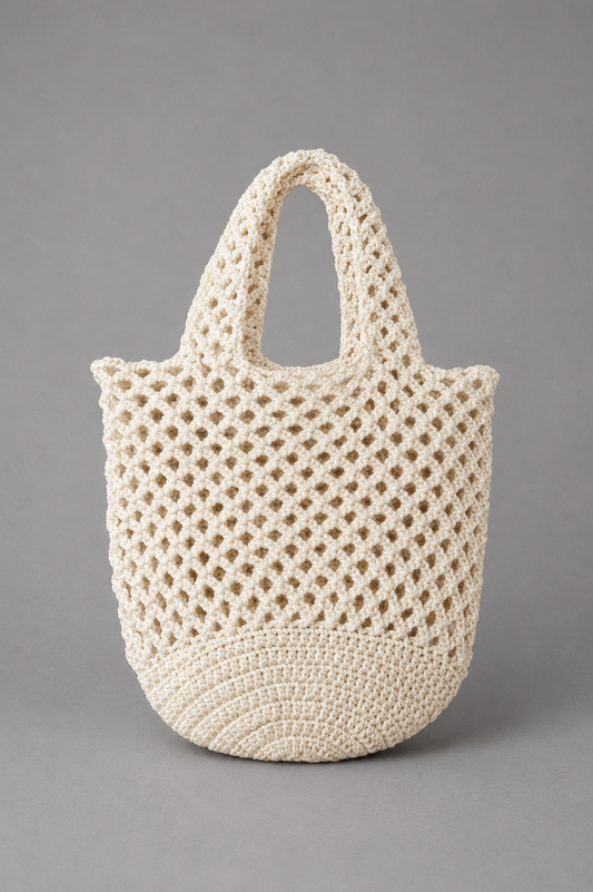 Handmade Cream Mesh Tote with Solid Base
