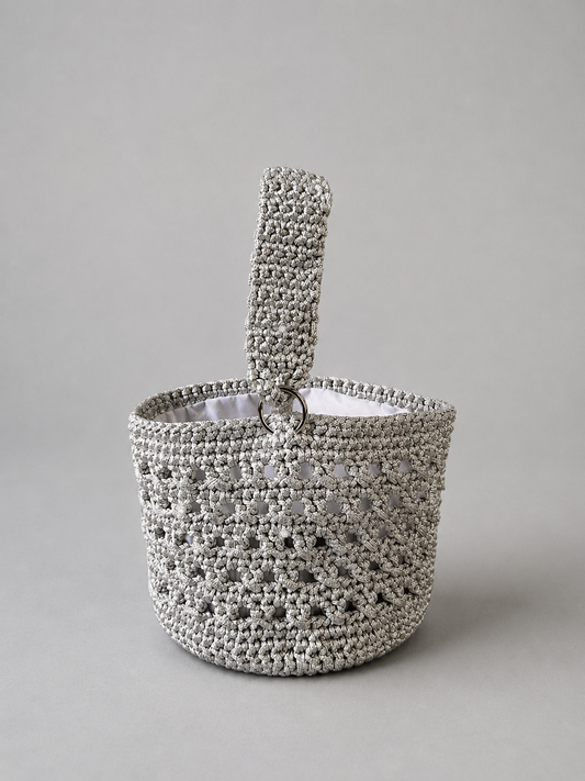 Handmade Grey Beaded Bucket Crochet Bag