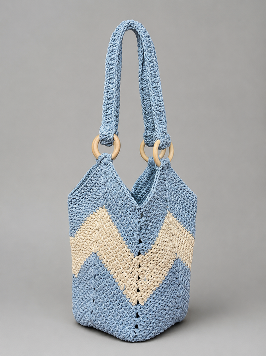 Handmade Blue Chevron Bucket Bag Wood Rings