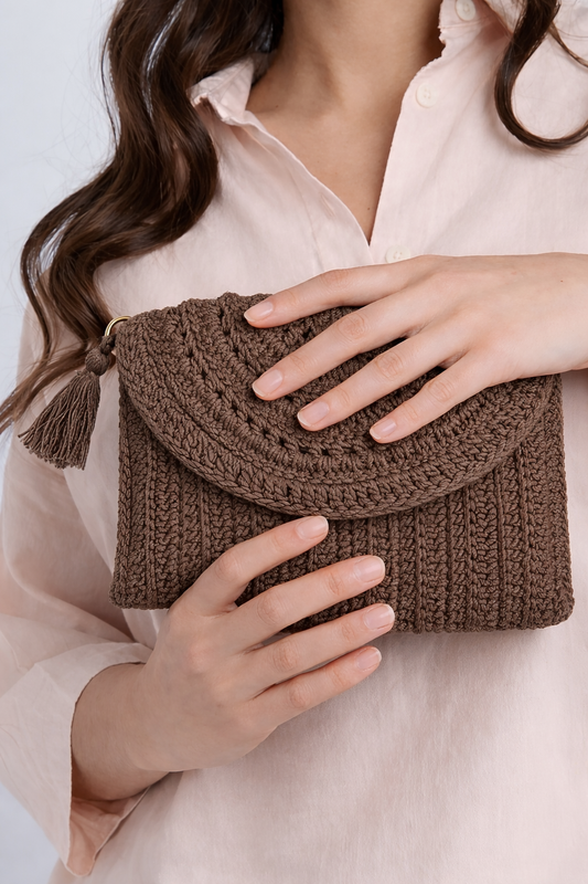 Handmade Brown Ribbed Envelope Crochet Clutch