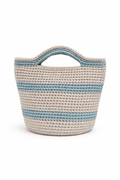 Classic blue and silver striped handbag, perfect for a seaside vacation or everday outings.