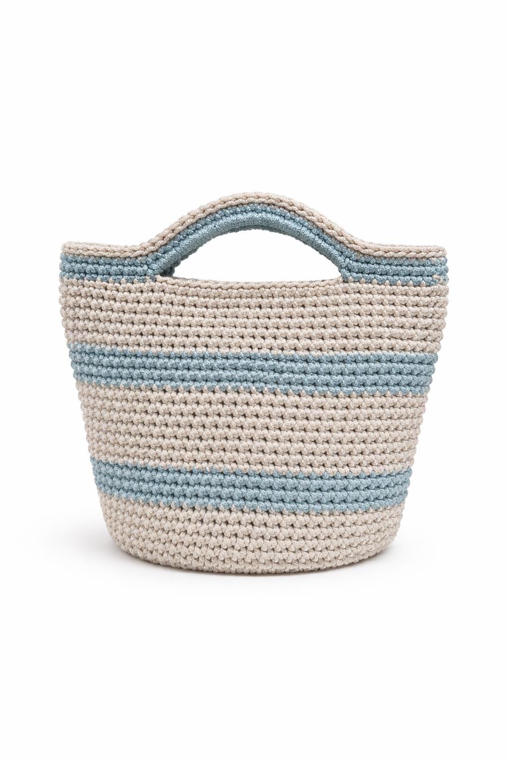 Classic blue and silver striped handbag, perfect for a seaside vacation or everday outings.