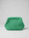 Hand-stitched green yarn into an elegant clutch.