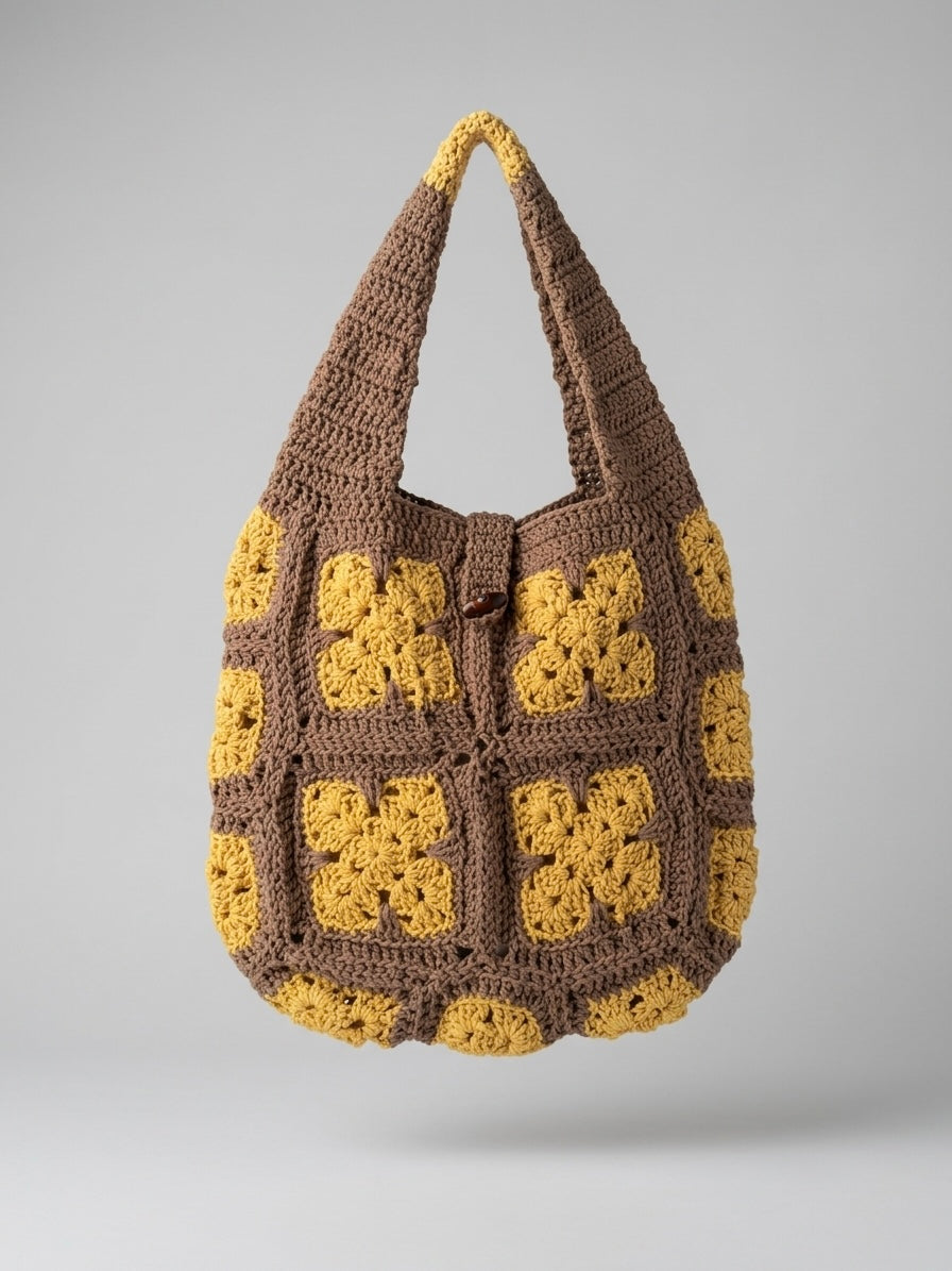 Handmade Brown Yellow Granny Square Hobo Bag