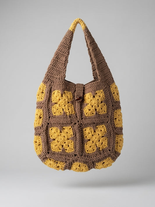 Handmade Brown Yellow Granny Square Hobo Bag
