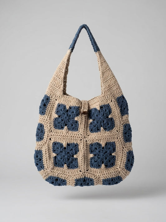Handmade Cream Blue Granny Square Hobo Bag