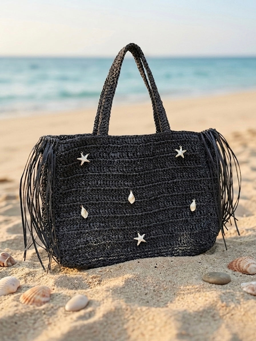 Handmade Black Coastal Fringe Beach Bag