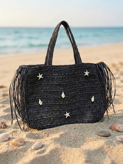 Handmade Black Coastal Fringe Beach Bag