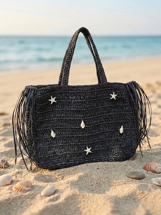 Handmade Black Coastal Fringe Beach Bag