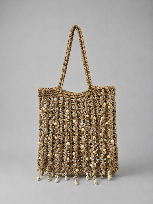 Handmade Jute Tote Wooden Beads Shell Fringe