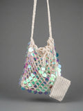 Beige Sequin Bucket Bag with Pocket