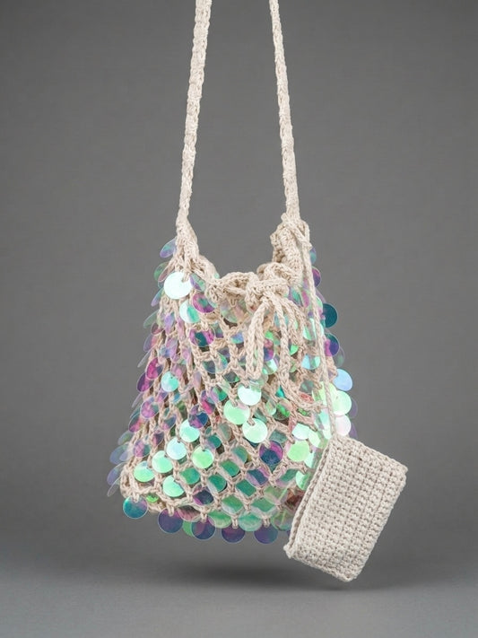 Beige Sequin Bucket Bag with Pocket