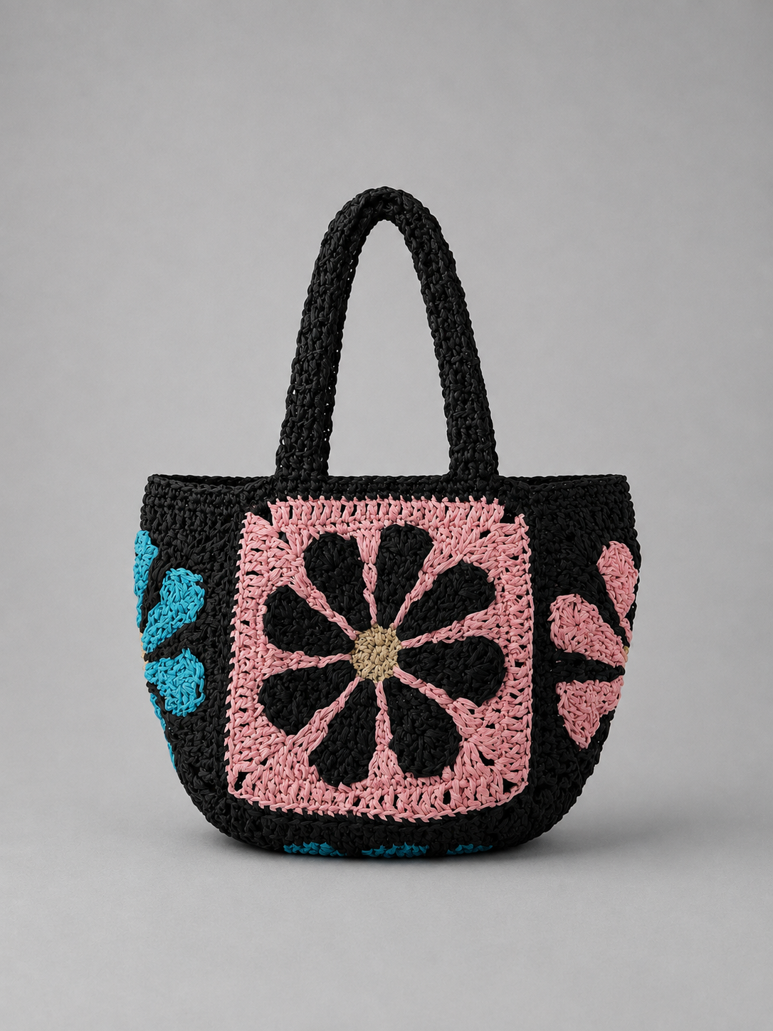 Handmade Black Floral Motif Raffia Tote