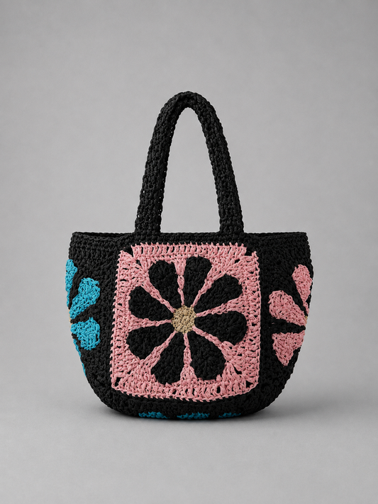 Handmade Black Floral Motif Raffia Tote