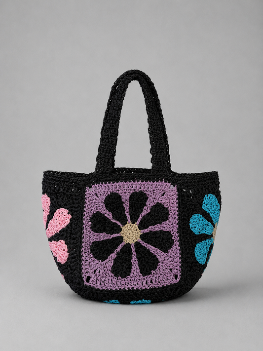 Black Floral Motif Raffia Tote
