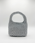 Gray crochet handbag on a white background