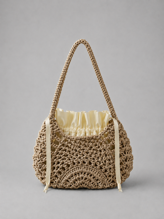 Handmade Beige Open-Weave Bag Satin Lining