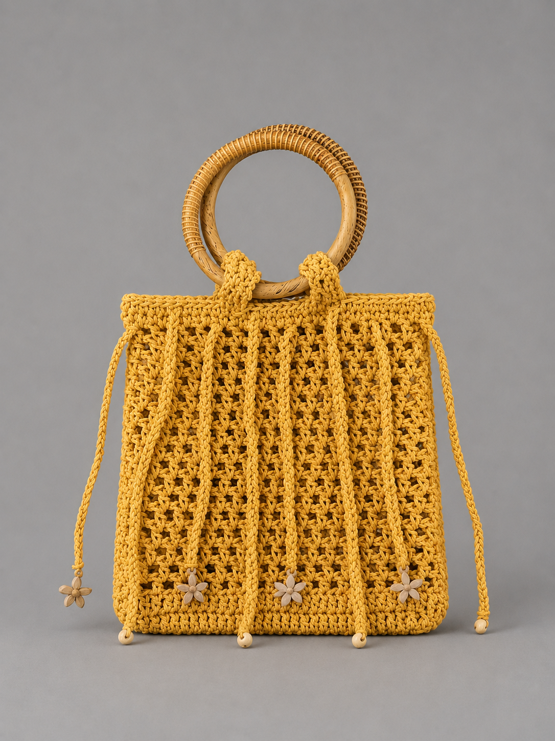 Yellow Macrame Tote with Wooden Handles